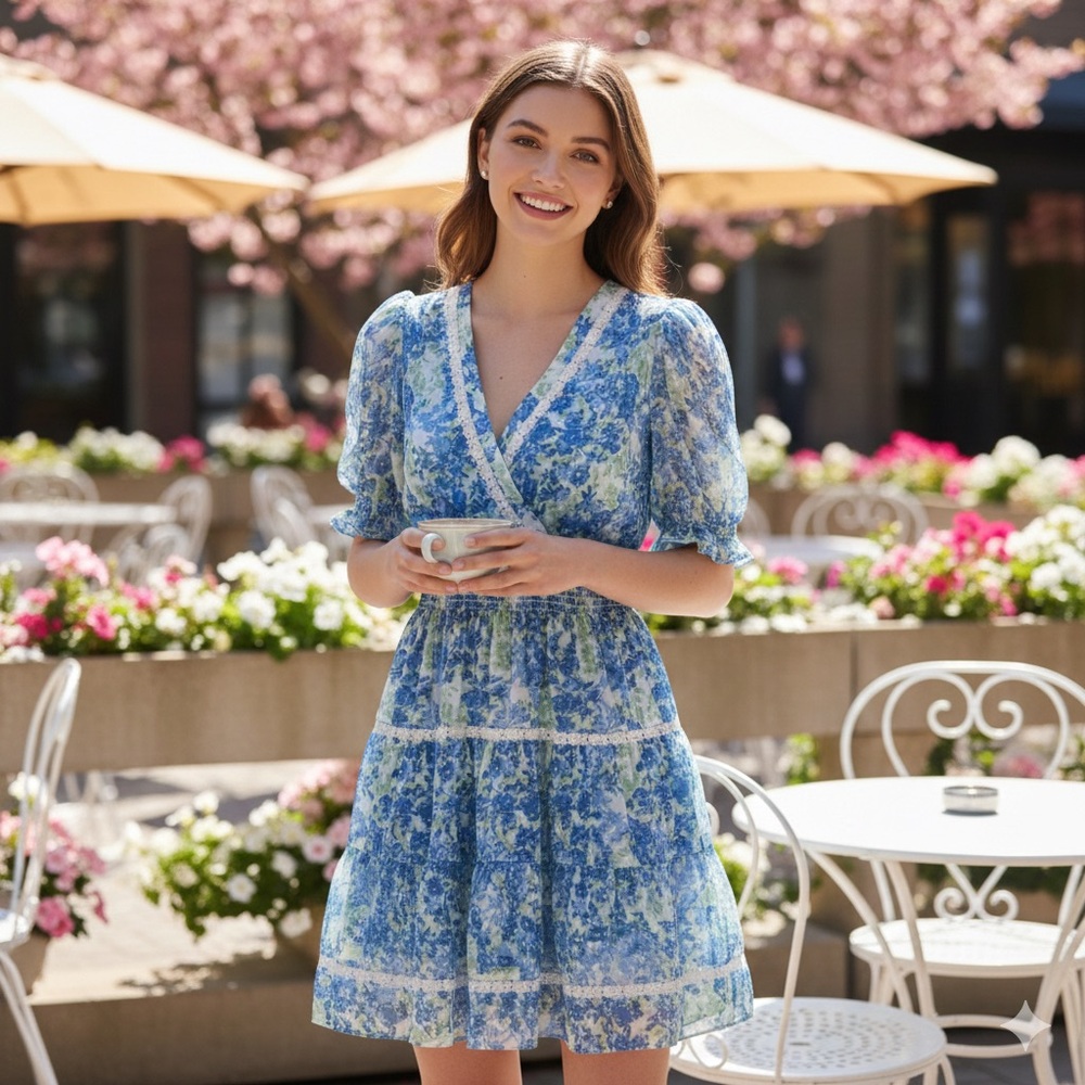 Taylor Blue Green Floral Lace Trim Tiered Smocked Babydoll Mini Dress Size 4